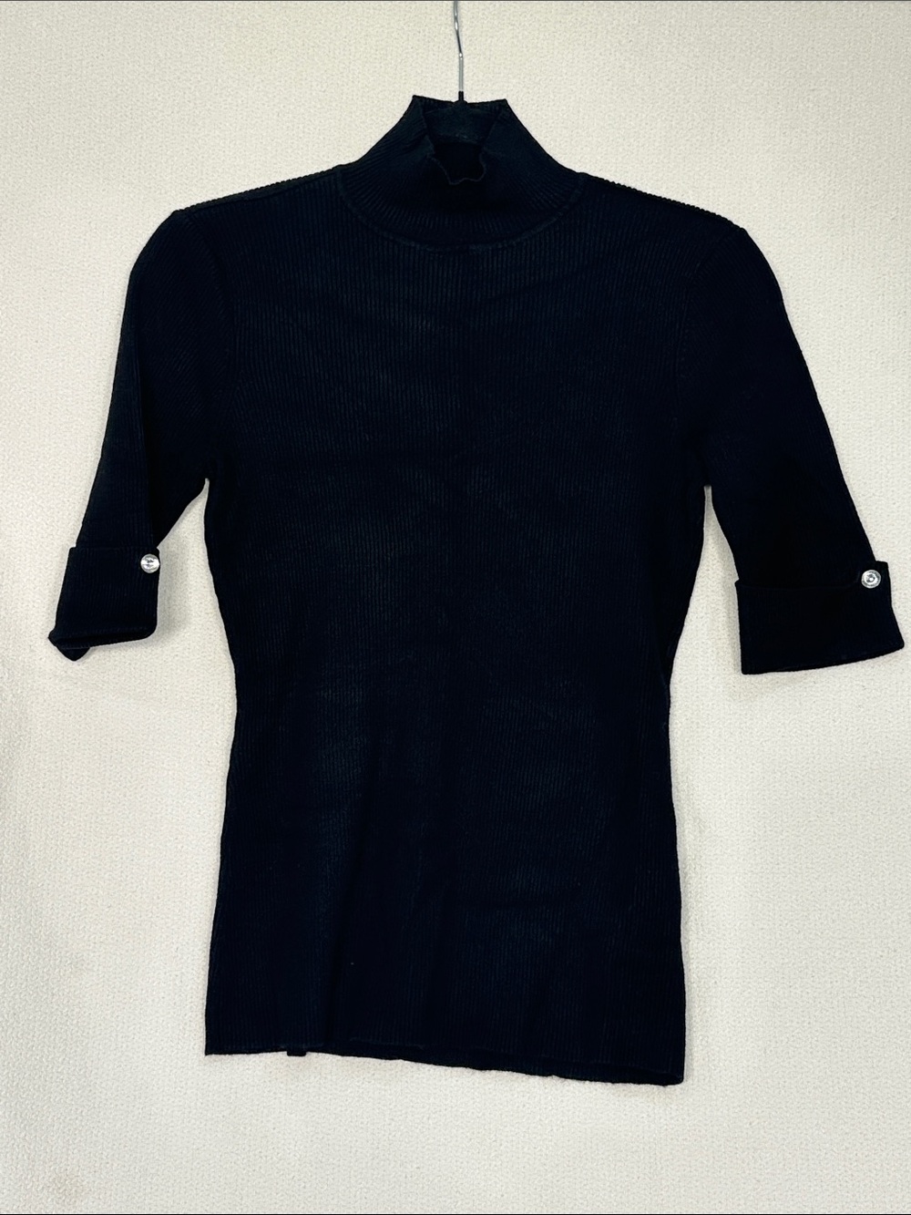 INC International Concepts Black Ribbed Mock-Turtleneck Short  Sleeve Sweater